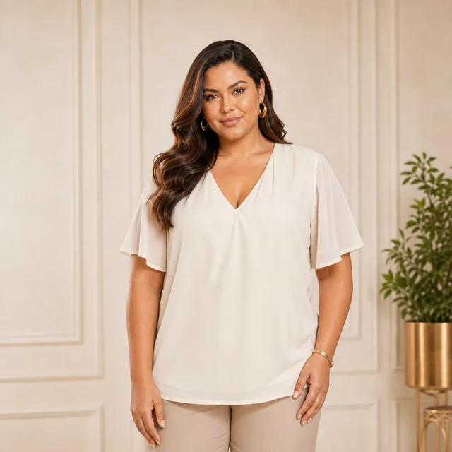 Modelo plus size usando blusa creme elegante