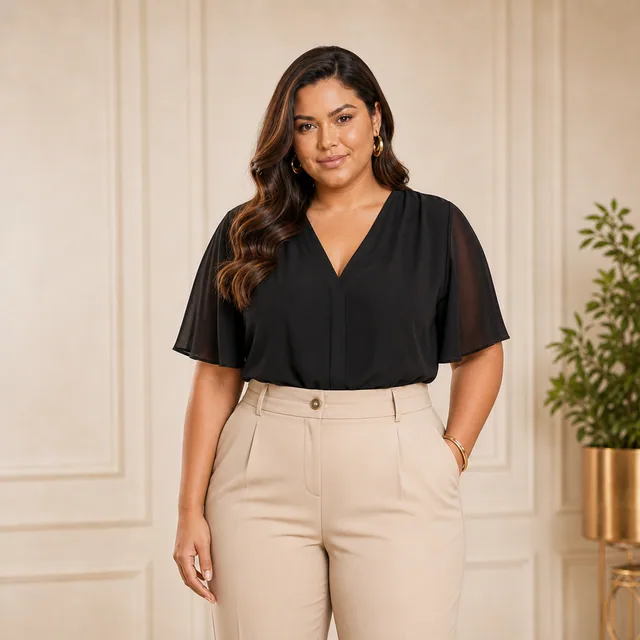 Modelo plus size usando calça de alfaiataria