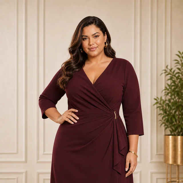 Modelo plus size usando vestido vinho elegante