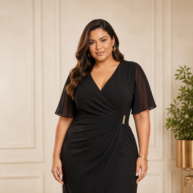 Modelo plus size usando vestido preto elegante