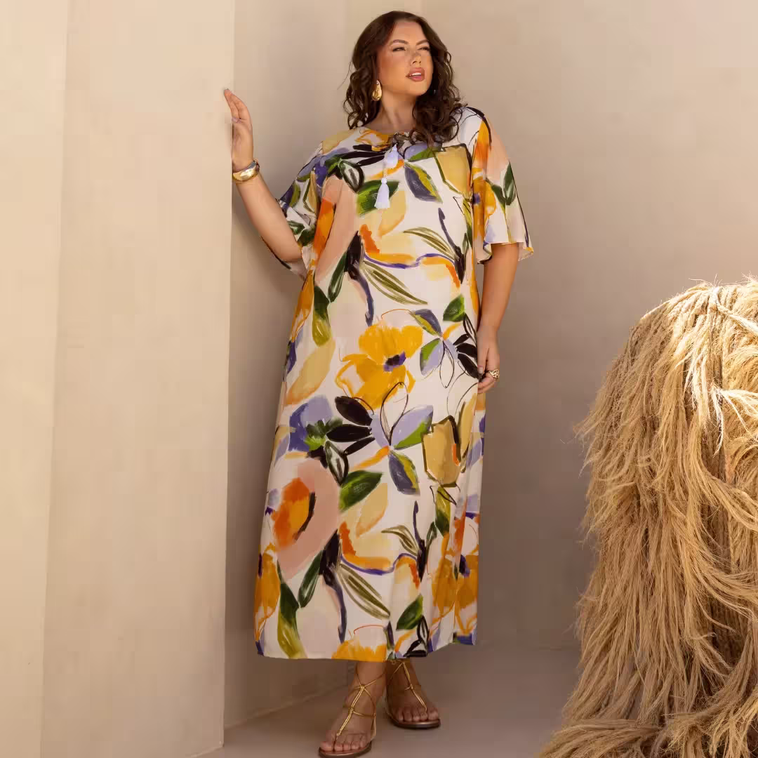 Vestido Midi Manga Curta Plus Size  Ref 900877 Estampa Off White