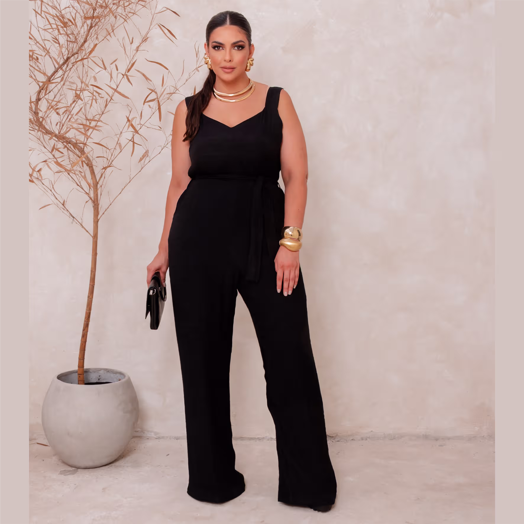 Macacão Longo Feminino Sem Manga Plus Size Ref 900889 Cor Preta