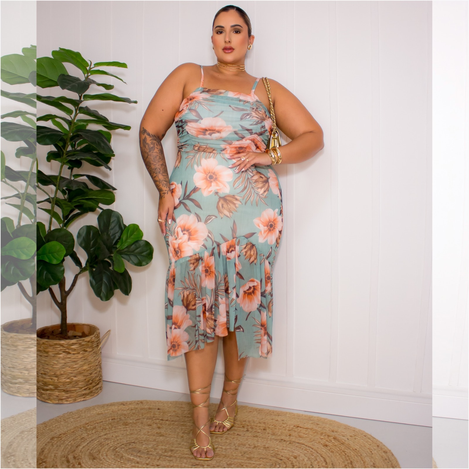 Vestido Mid Plus Size Sem Manga Ref 007184 Estampa Verde — foto 1