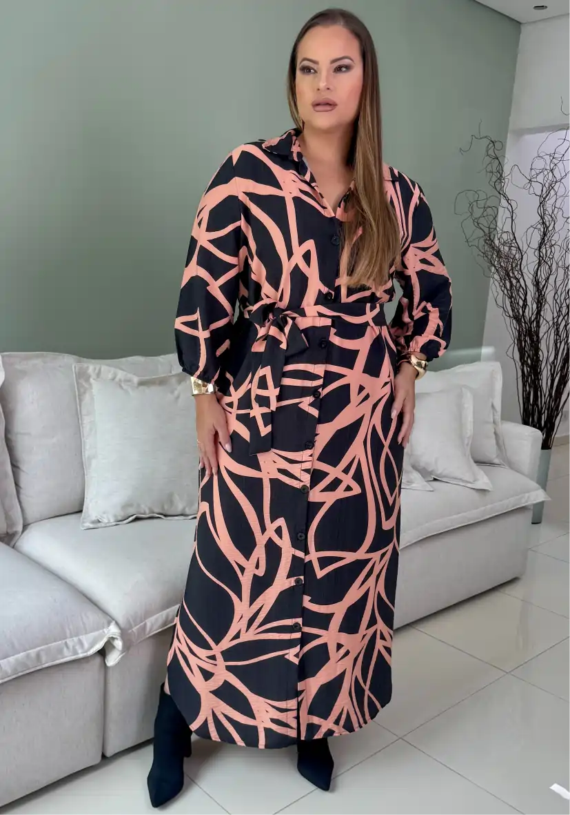 Vestido Mid Plus Size Manga Curta Ref 206681 Estampa Preto Rose — foto 1