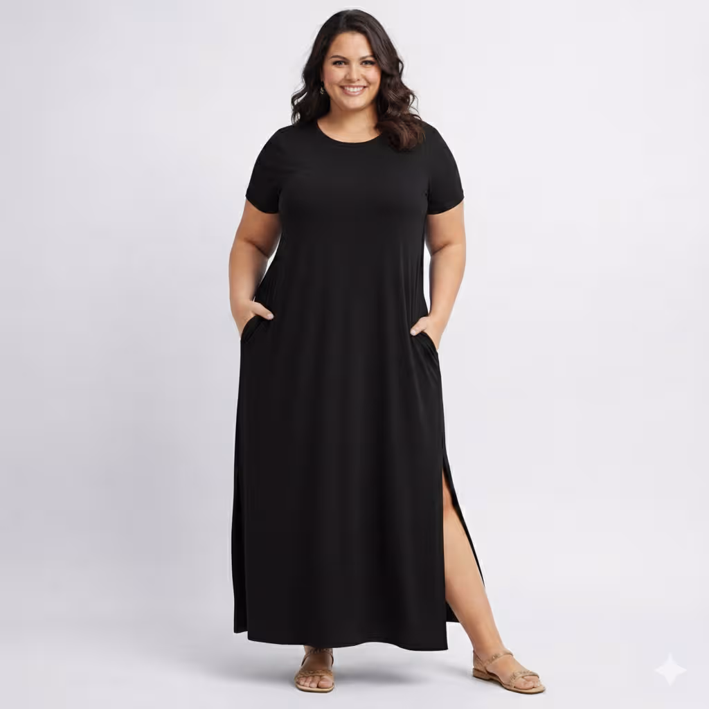 Vestido Longo Manga Curta Plus Size Ref VLM-222 Preto — foto 1