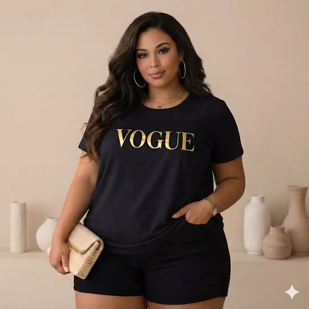 Blusa Feminina Manga Curta Plus Size Ref Vogue Preto Dourado — foto 1