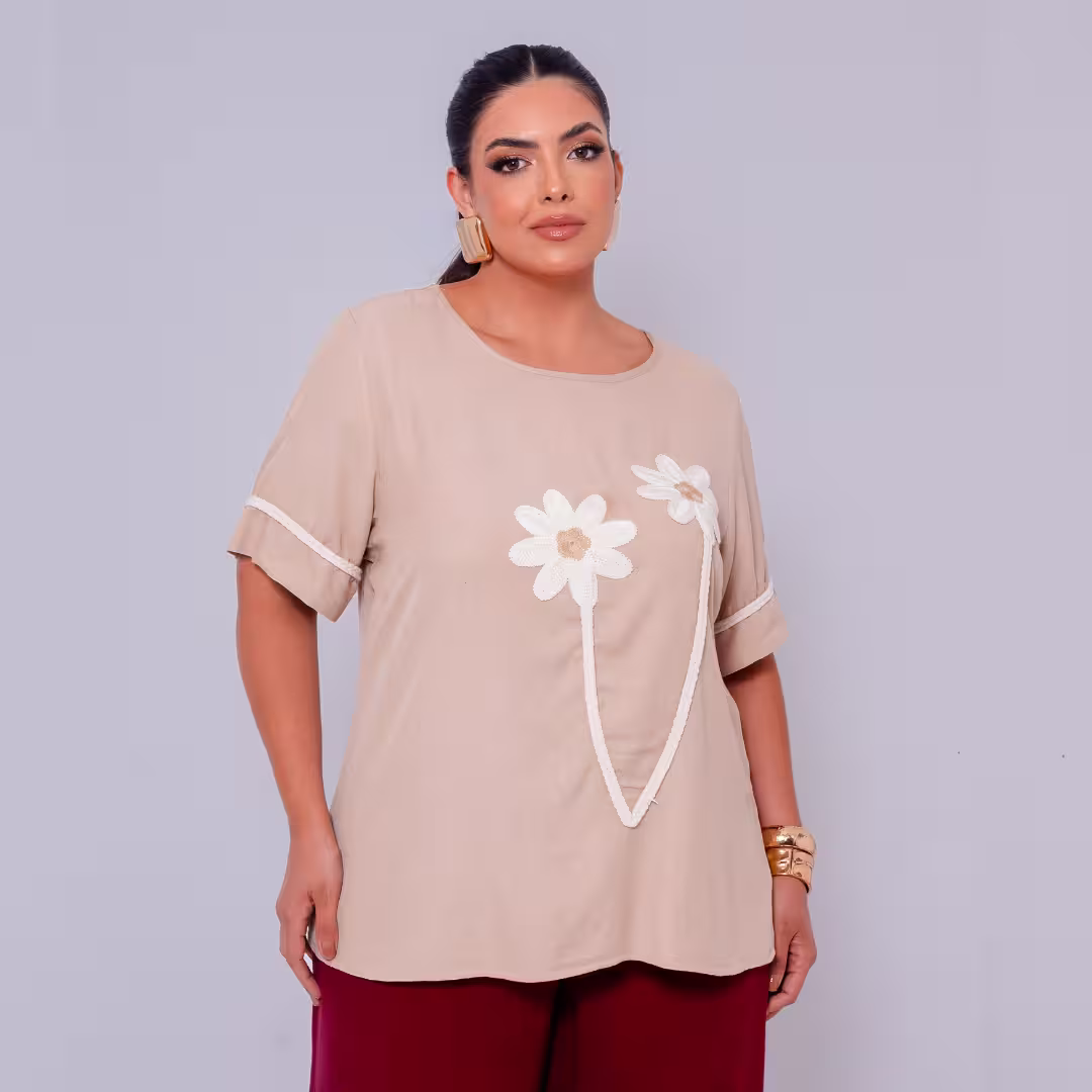 Blusa Feminina Manga Curta Plus Size Ref 13014 Bege — foto 1
