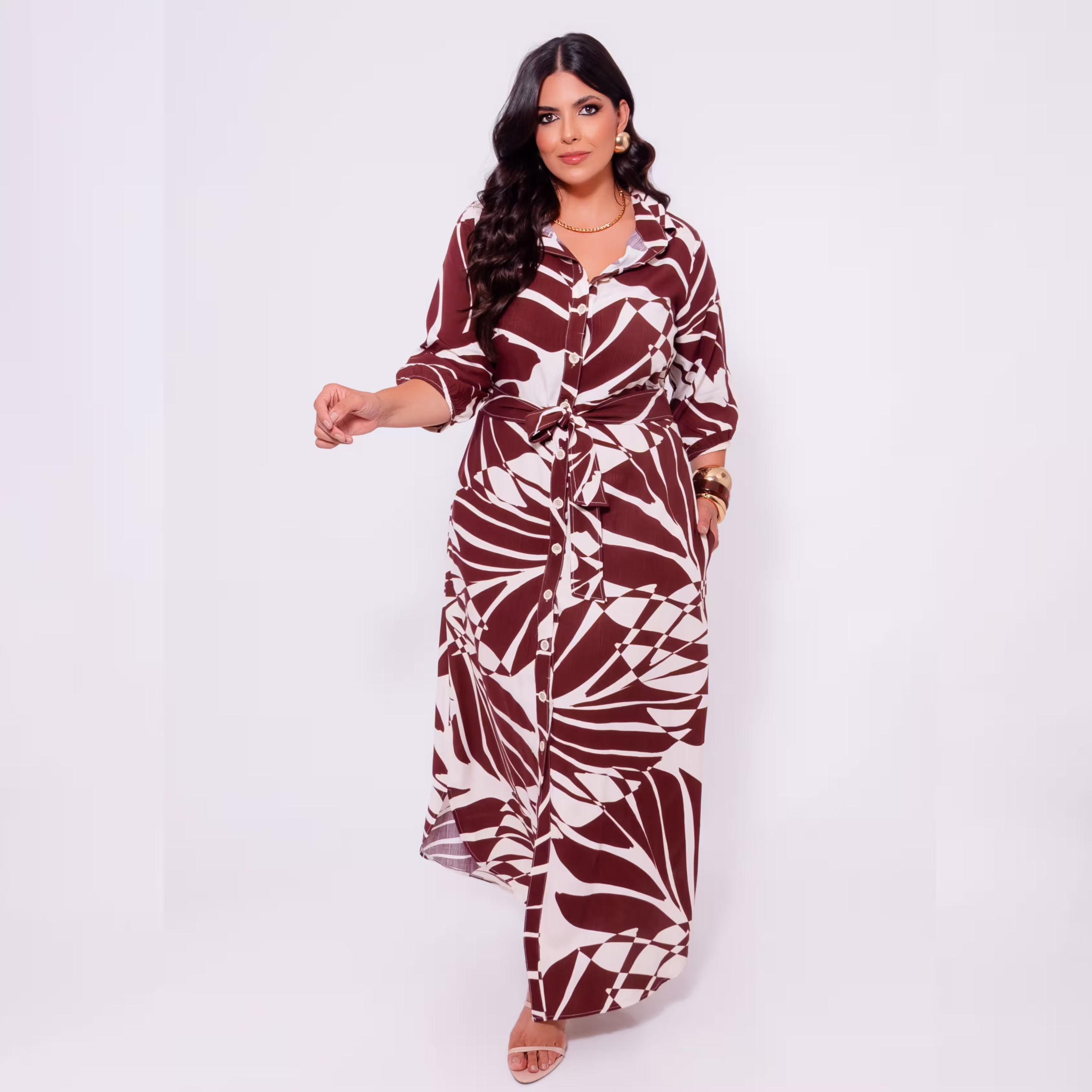 Vestido Longo Plus Size Manga 3/4 Ref 13050 Estampa Marrom — foto 1