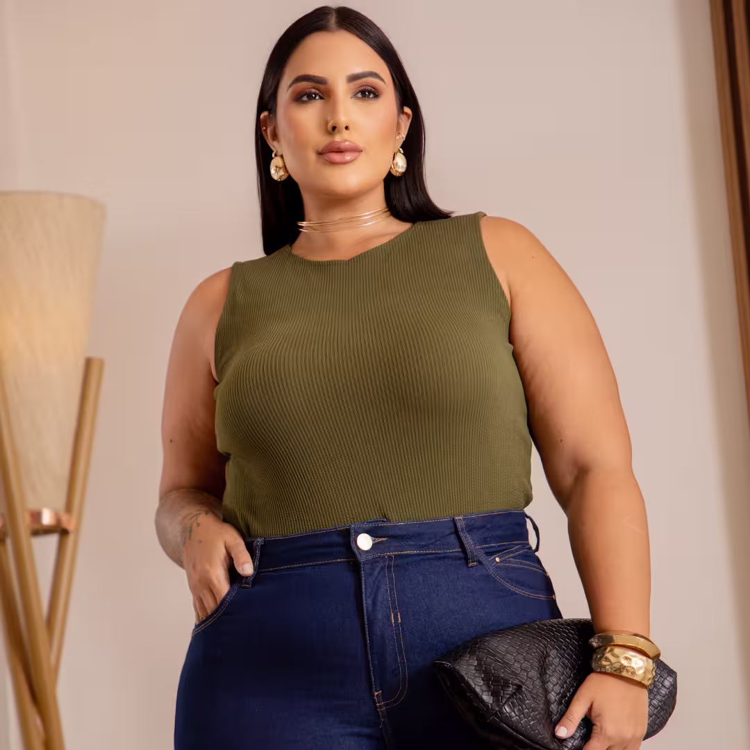Regata Feminina Plus Size Alça Larga Ref 207333 Musgo  — foto 1