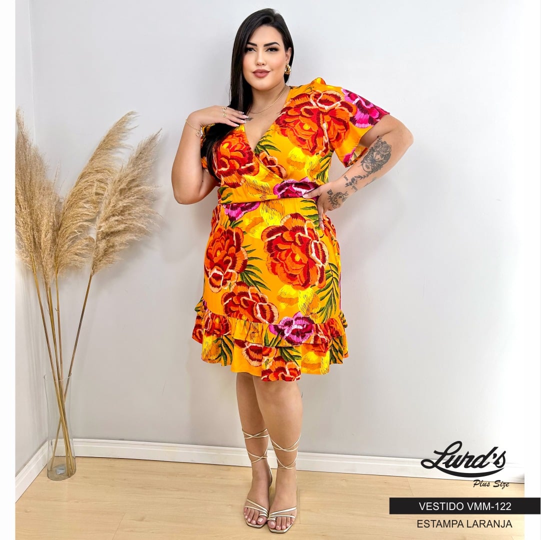 Vestido Plus Size Manga Curta Ref VMM-122 Estampa Laranja