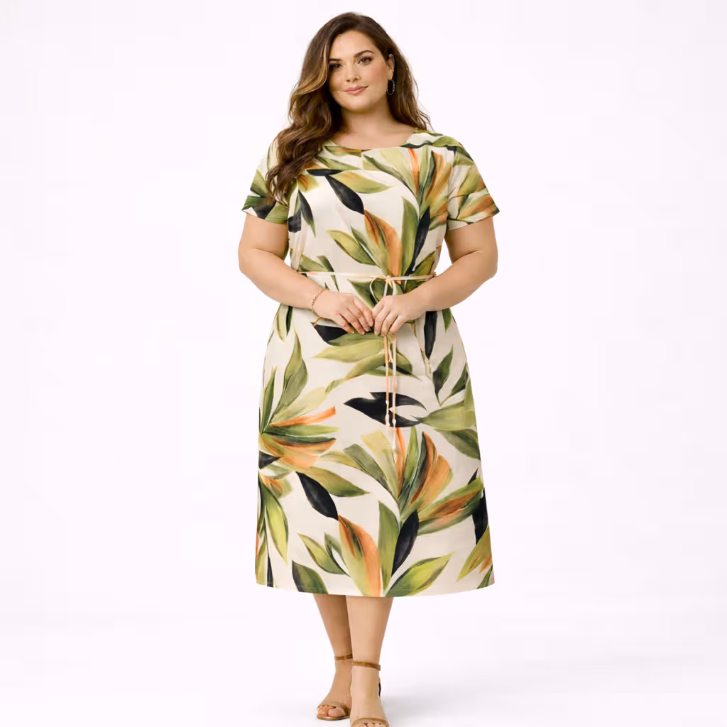 Vestido Mid Manga Curta Plus Size Ref S01886 Estampa Verde TINA — foto 1
