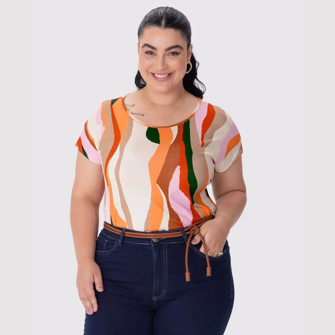 Blusa Feminina Plus Size Manga Curta Ref 132901 Estampa Laranja — foto 1