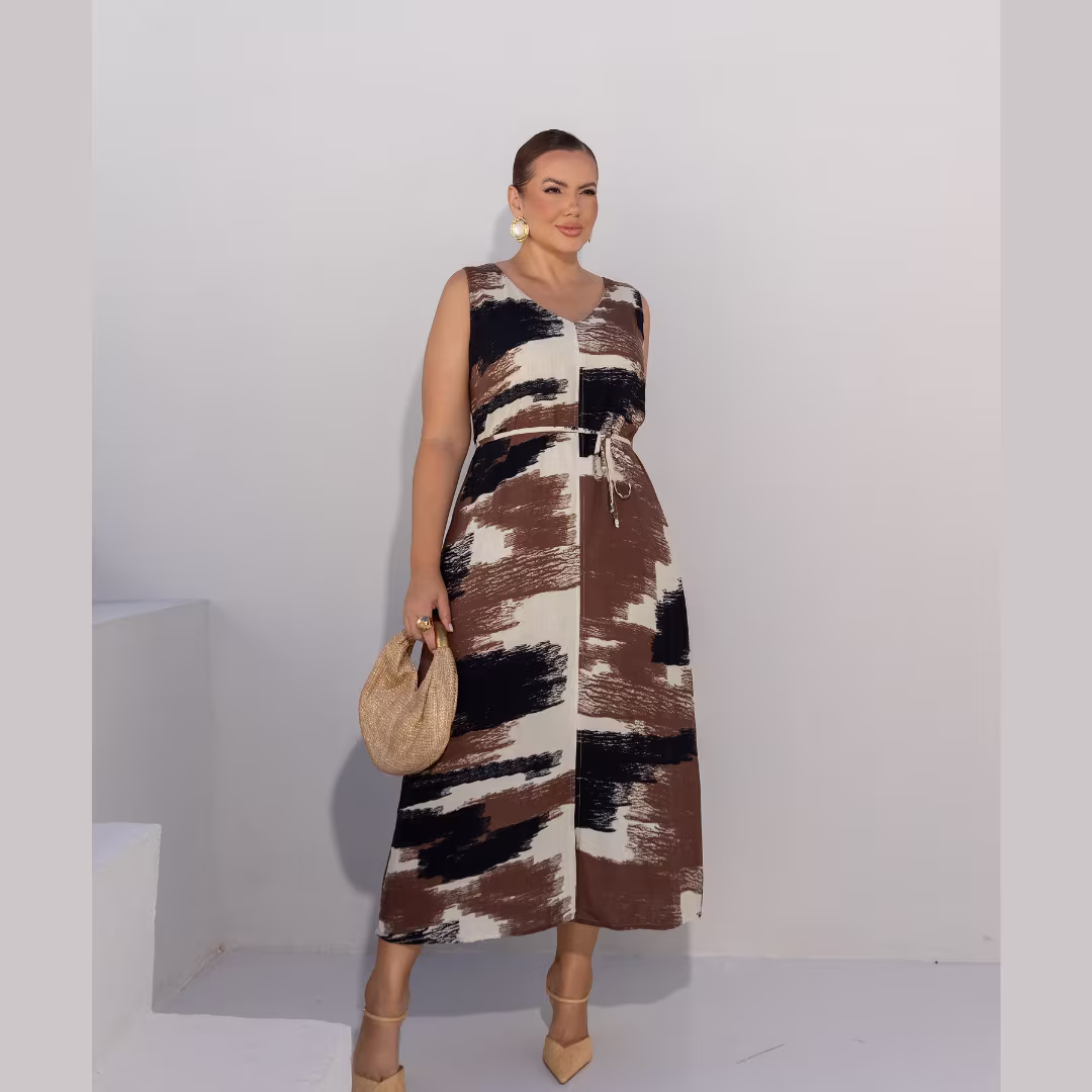 Vestido Mid Plus Size Sem Manga Ref 900896 Estampa Preto — foto 1