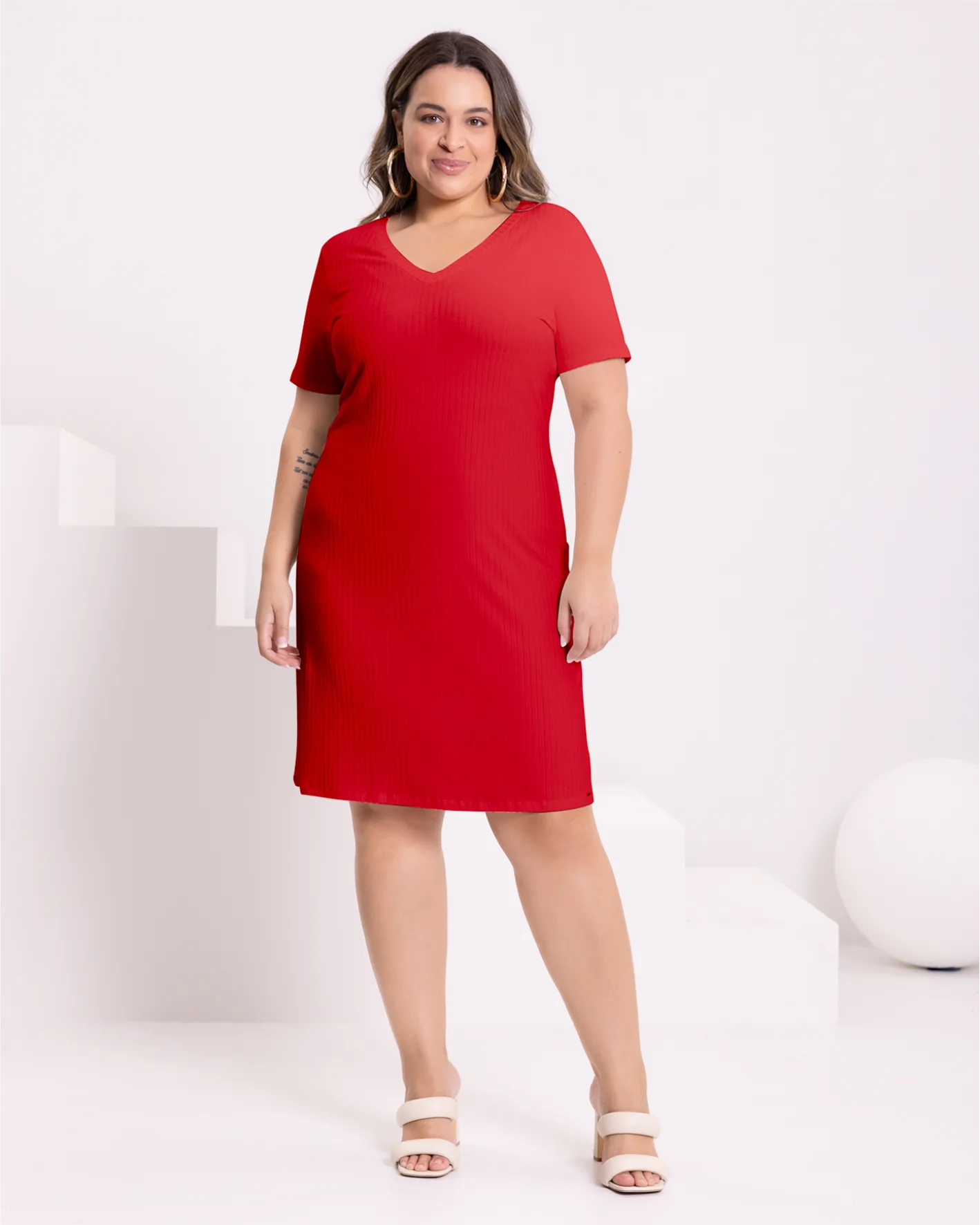 Vestido Plus Size Manga Curta Ref 00478 Vermelho VERMELHO