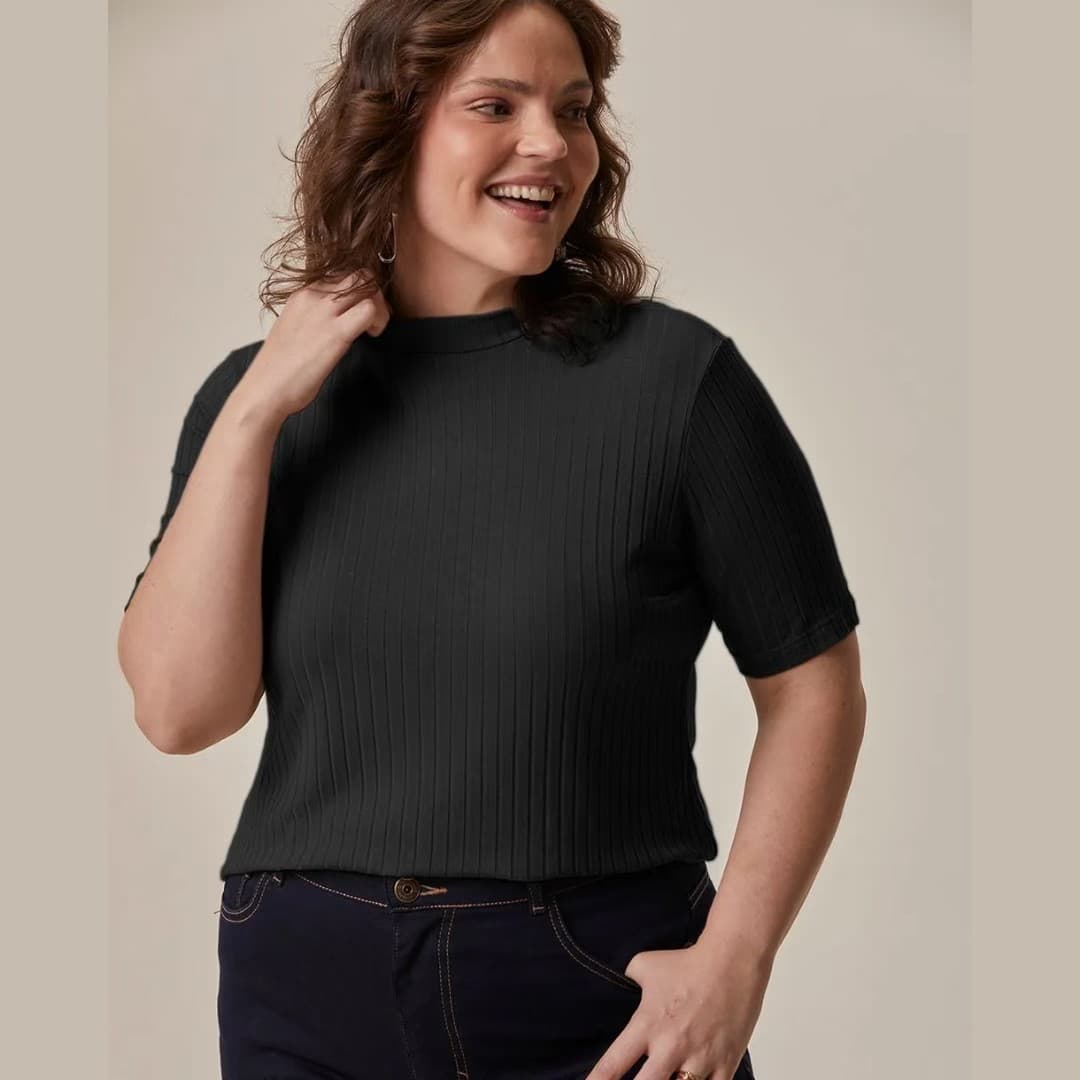 Blusa Feminina Plus Size Manga Curta Ref 108542 Preto PRETO