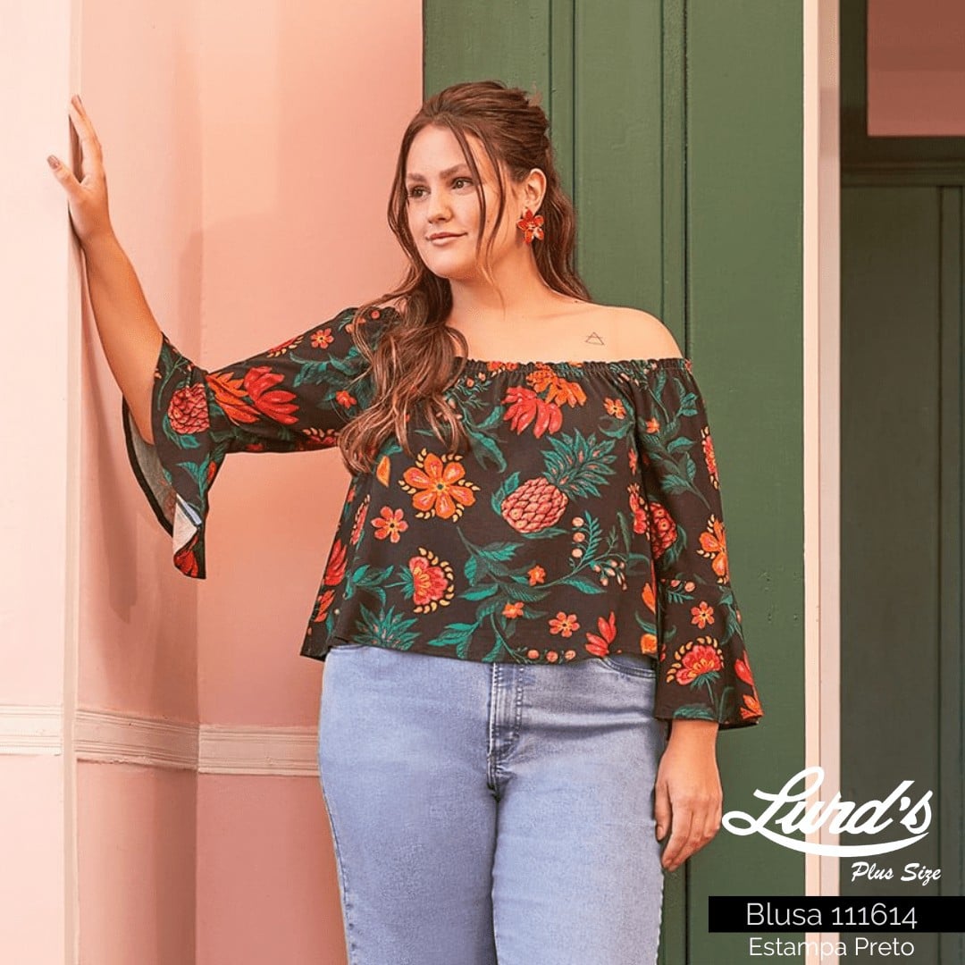 BLUSA FEMININA PLUS SIZE MANGA LONGA 111614 MALWEE ESTAMPA PRETO 46 48 ESTAMPA PRETO