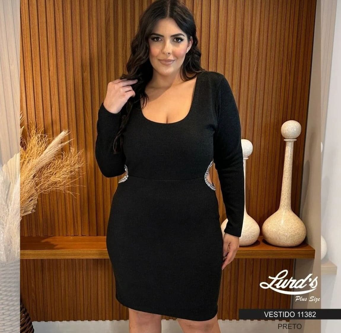 Vestido Plus Size Manga Longa 11382 Preto PRETO