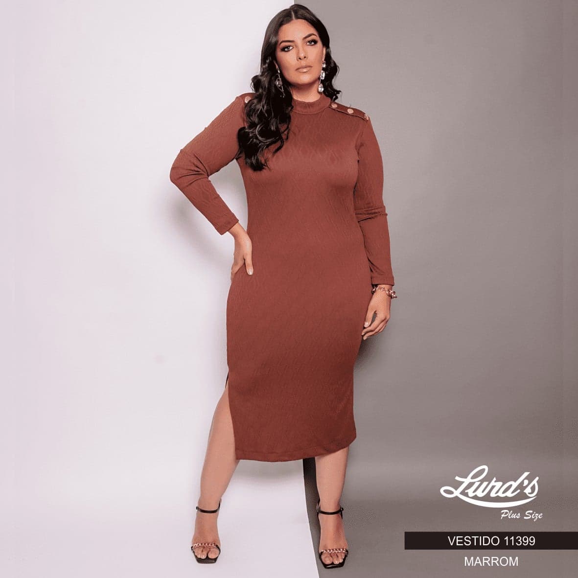 Vestido Mid Plus Size Manga Longa Marrom MARROM