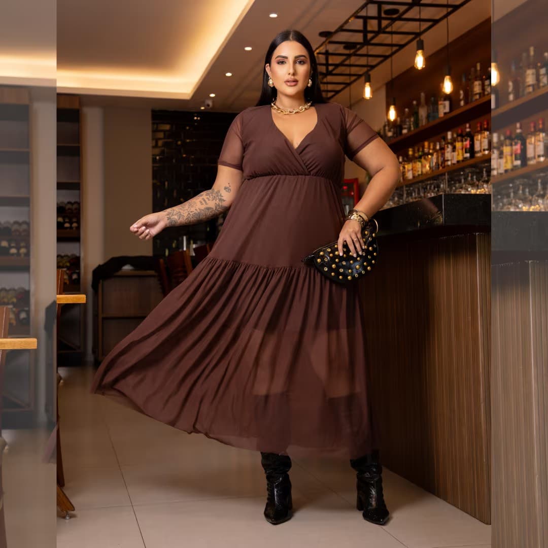 Vestido Mid Plus Size Manga Curta Ref 116920 Café CAFE