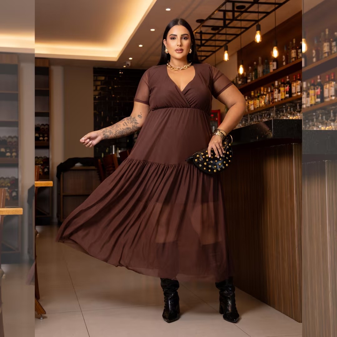 Vestido Mid Plus Size Manga Curta Ref 116920 Café CAFE