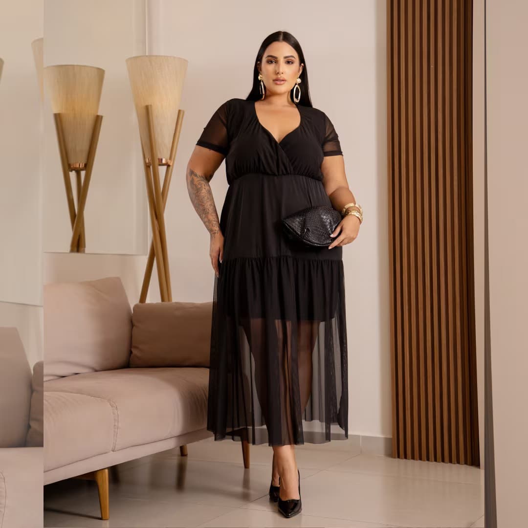 Vestido Mid Plus Size Manga Curta Ref 116920 Café PRETO