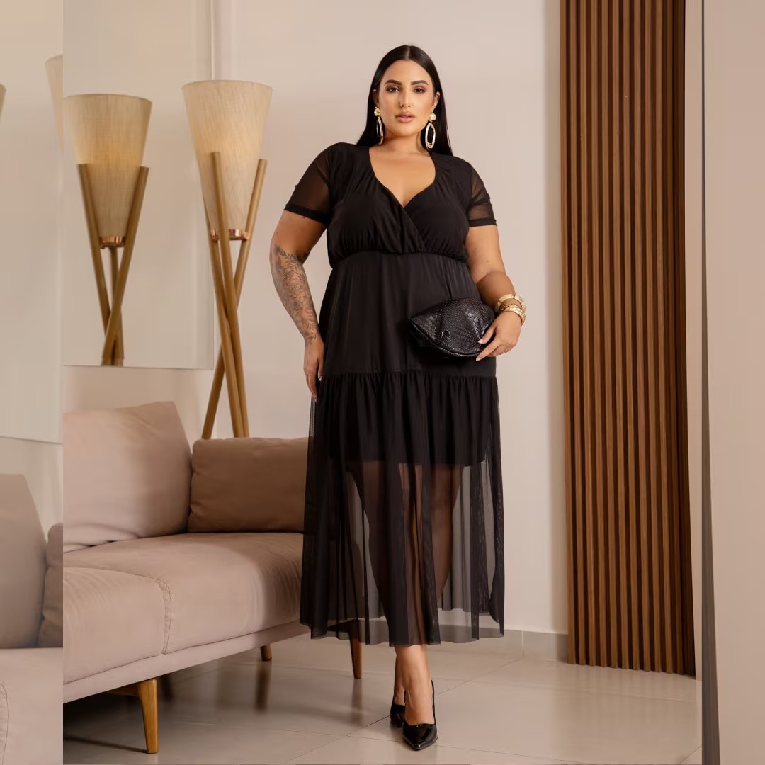 Vestido Mid Plus Size Manga Curta Ref 116920 Café PRETO