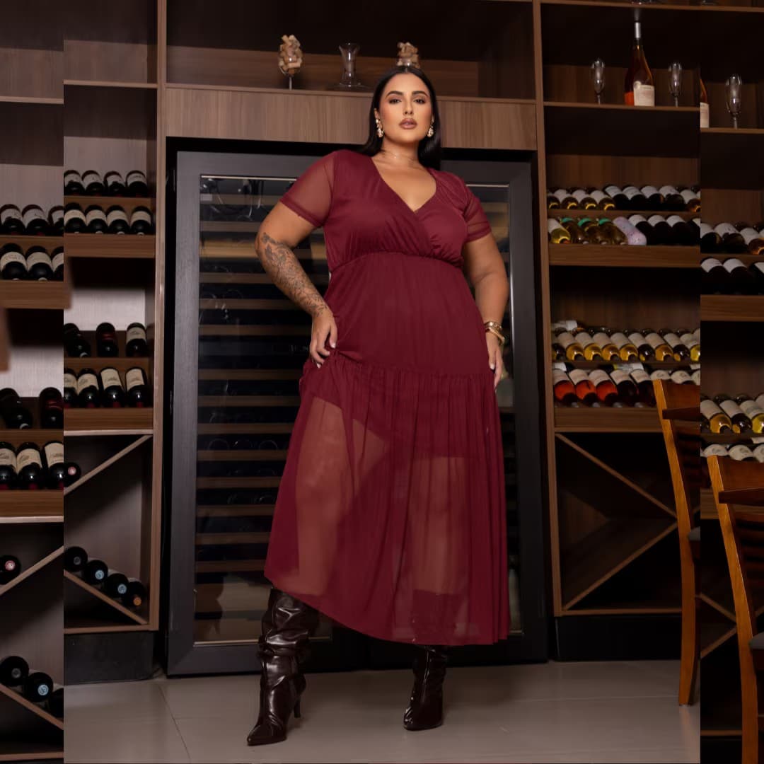 Vestido Mid Plus Size Manga Curta Ref 116920 Café VINHO