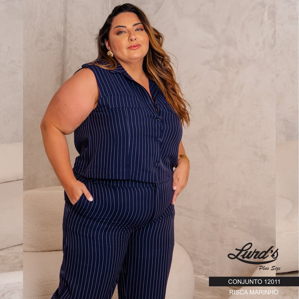 CONJUNTO FEMININO PLUS SIZE REGATA + CALÇA 12011 PREDILECTS RISCA BEGE 46 RISCA MARINHO