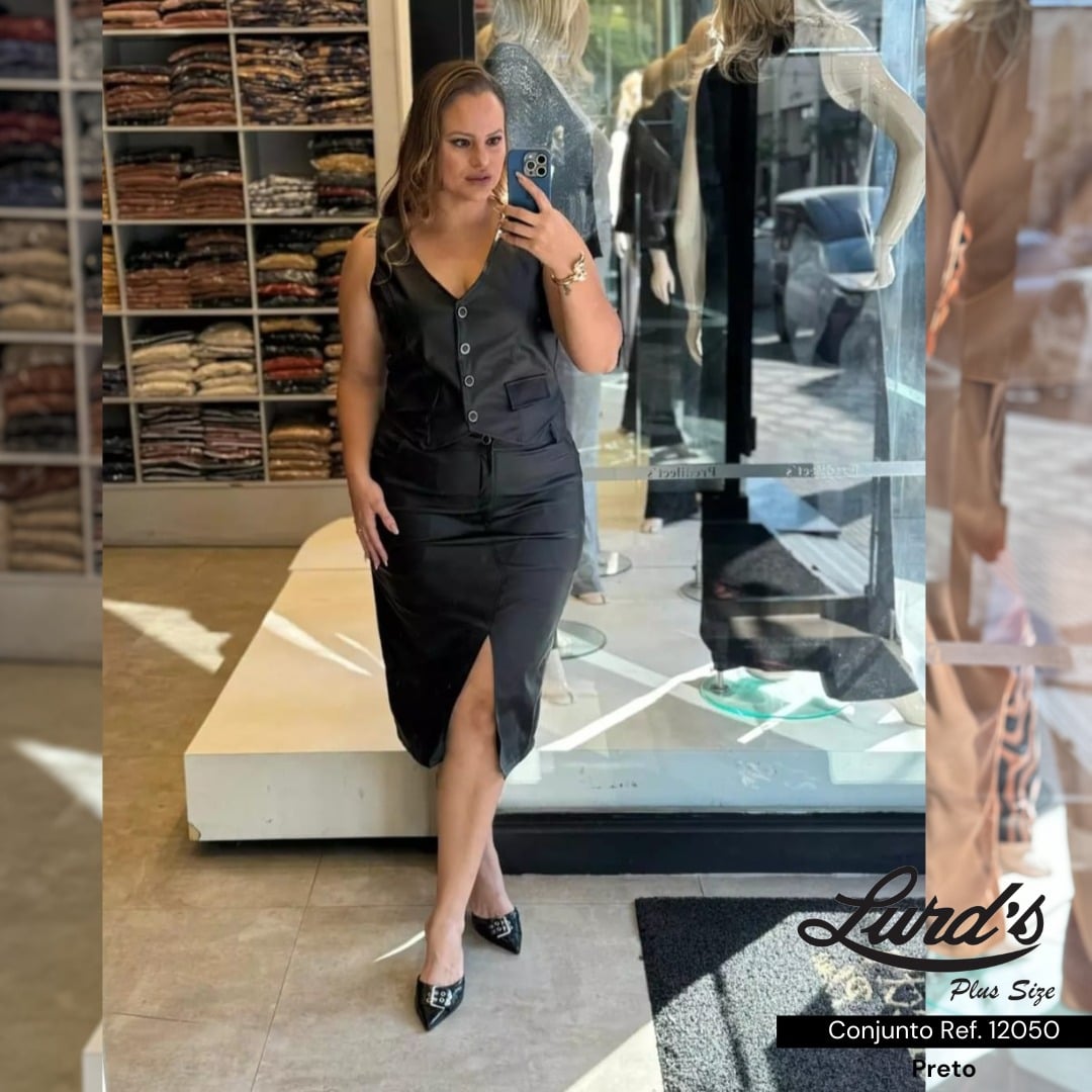 CONJUNTO FEMININO PLUS SIZE COLETE + SAIA MID 12050 PREDILECTS MARROM 46 PRETO