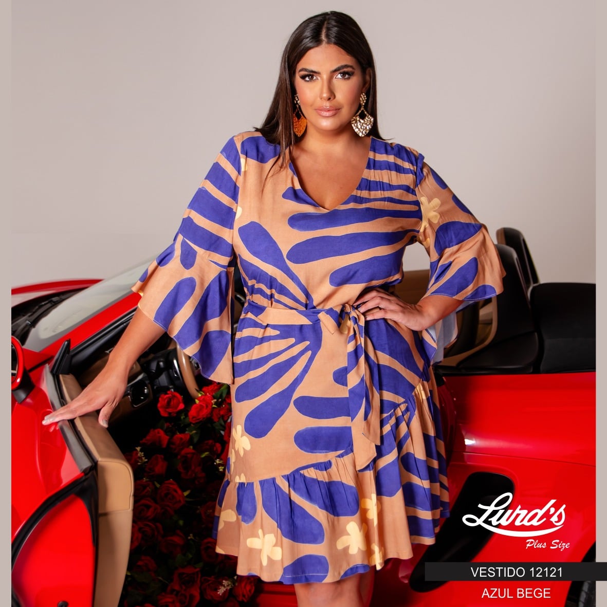 Vestido Plus Size Manga Longa 12121 Azul Bege AZUL BEGE