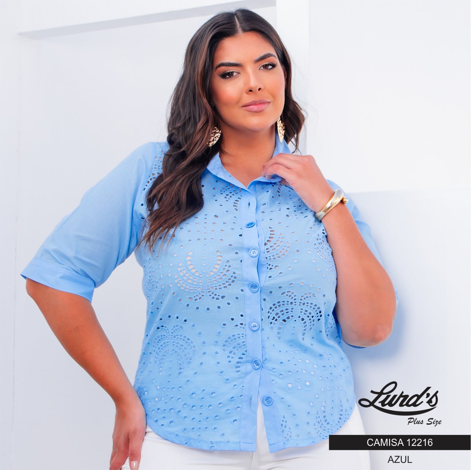 CAMISA FEMININA PLUS SIZE MANGA CURTA 12216 PREDILECTS OFF WHITE 46 AZUL