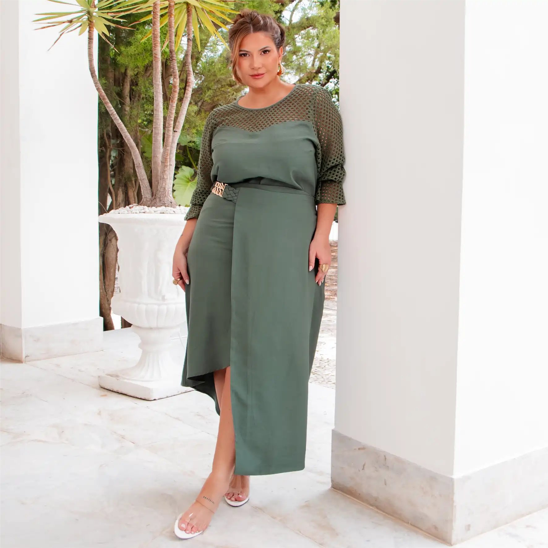 CONJUNTO FEMININO PLUS SIZE BLUSA + SAIA 12583 PREDILECTS VERDE 46 VERDE
