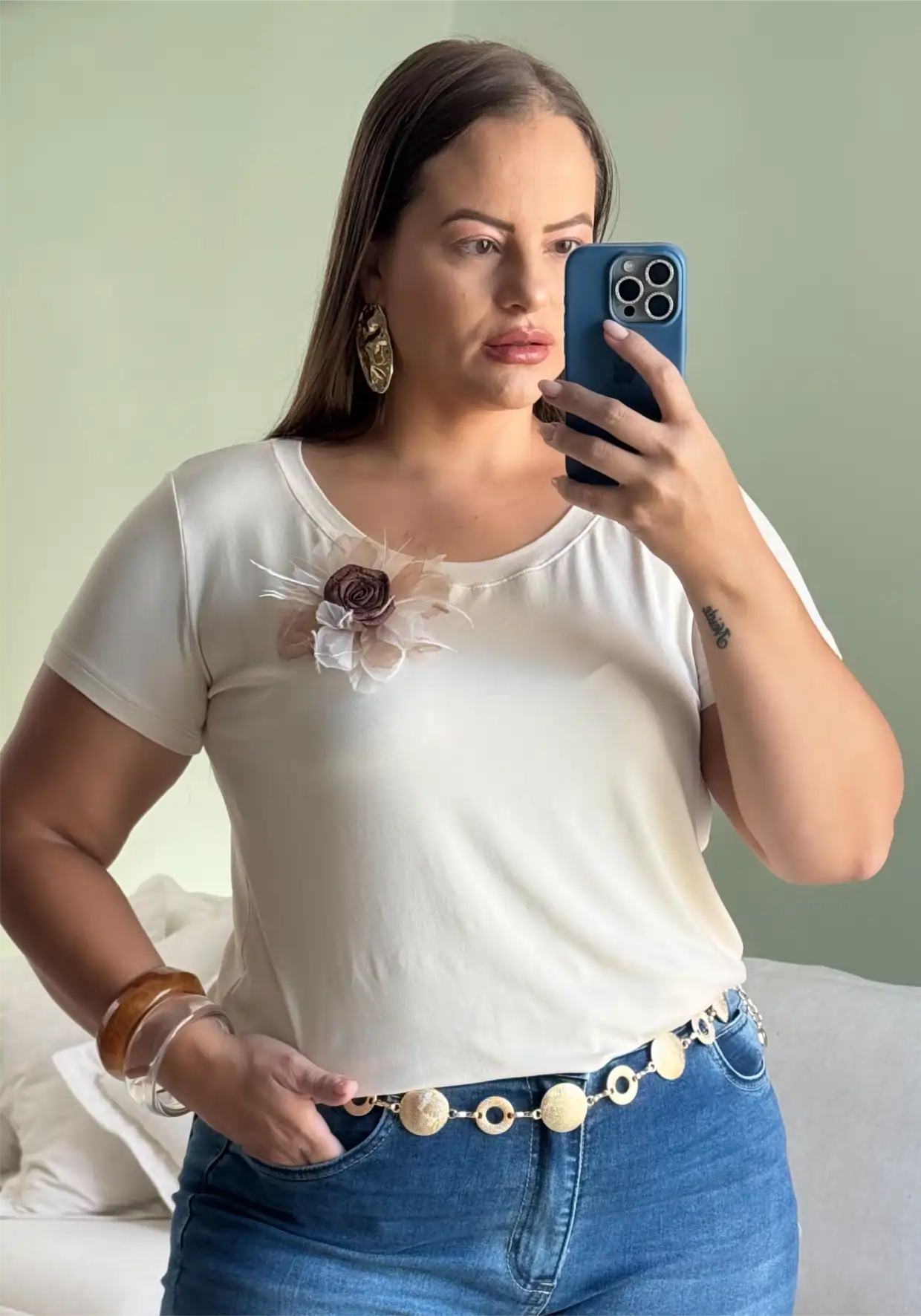 BLUSA FEMININA PLUS SIZE MANGA CURTA 12617 PREDILECTS MARROM 46 BEGE