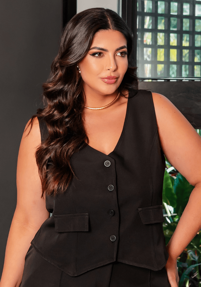 Colete Feminino Alfaiataria Plus Size Ref 12858 Preto PRETO