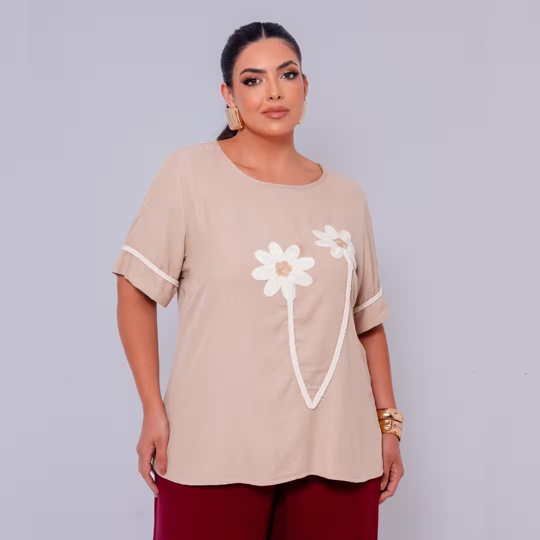 Blusa Feminina Manga Curta Plus Size Ref 13014 Marrom BEGE