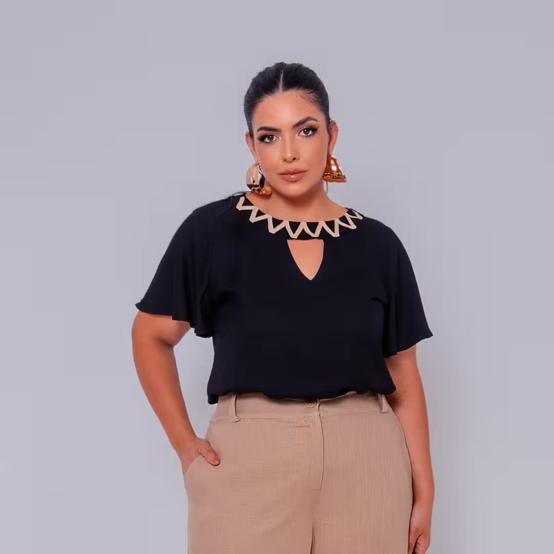 Blusa Feminina Manga Curta Plus Size Ref 13015 Preto PRETO