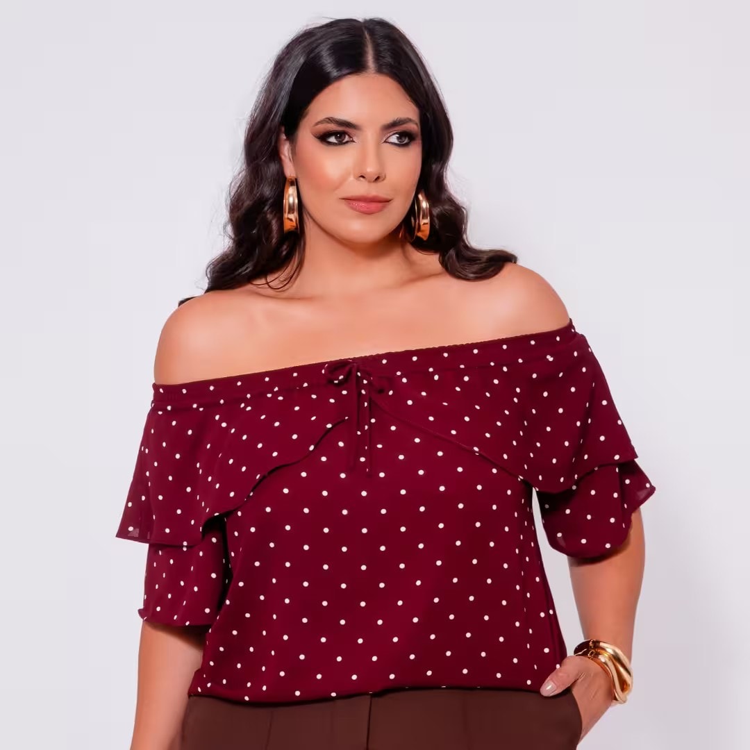 Blusa Feminina Plus Size Manga Curta Ref 13044 Poá Preto POÁ BORDO