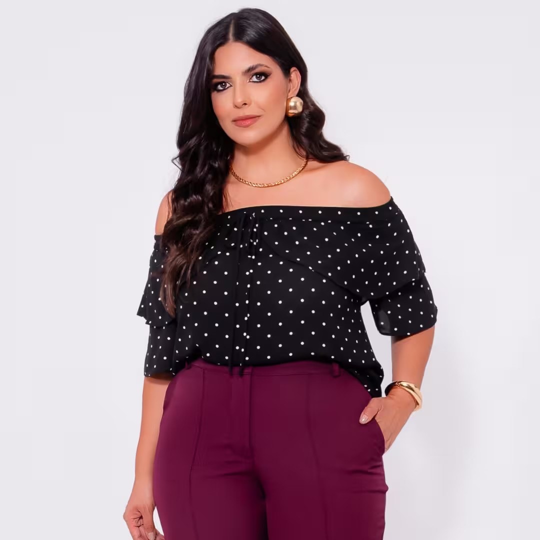 Blusa Feminina Plus Size Manga Curta Ref 13044 Poá Preto POÁ PRETO