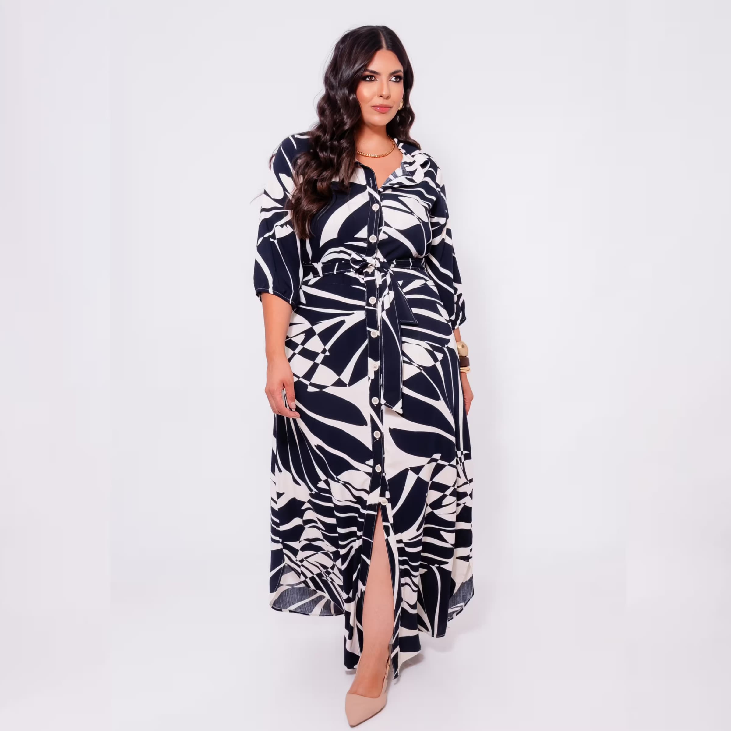 Vestido Longo Plus Size Manga 3/4 Ref 13050 Estampa Marinho ESTAMPA MARINHO
