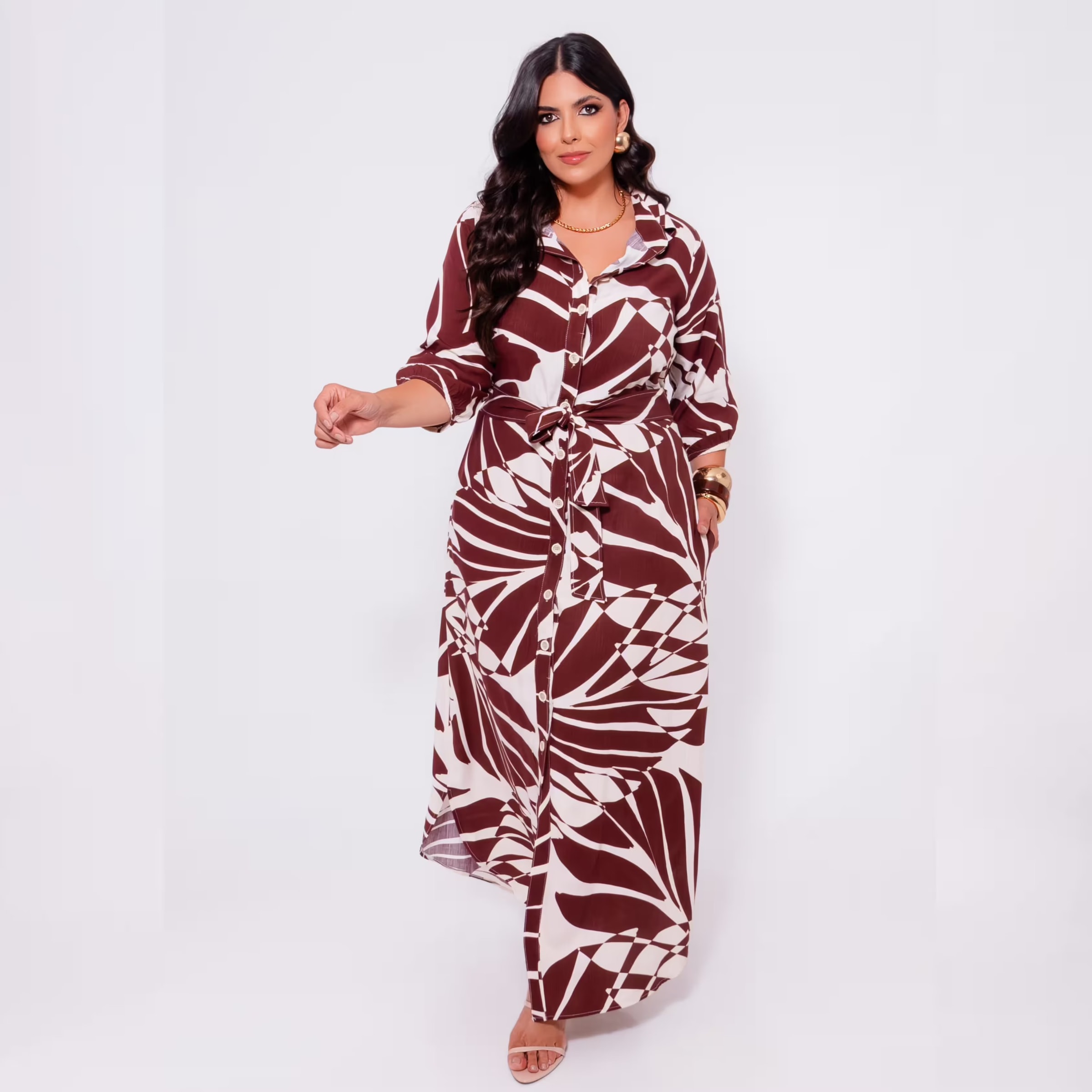Vestido Longo Plus Size Manga 3/4 Ref 13050 Estampa Marinho ESTAMPA MARROM