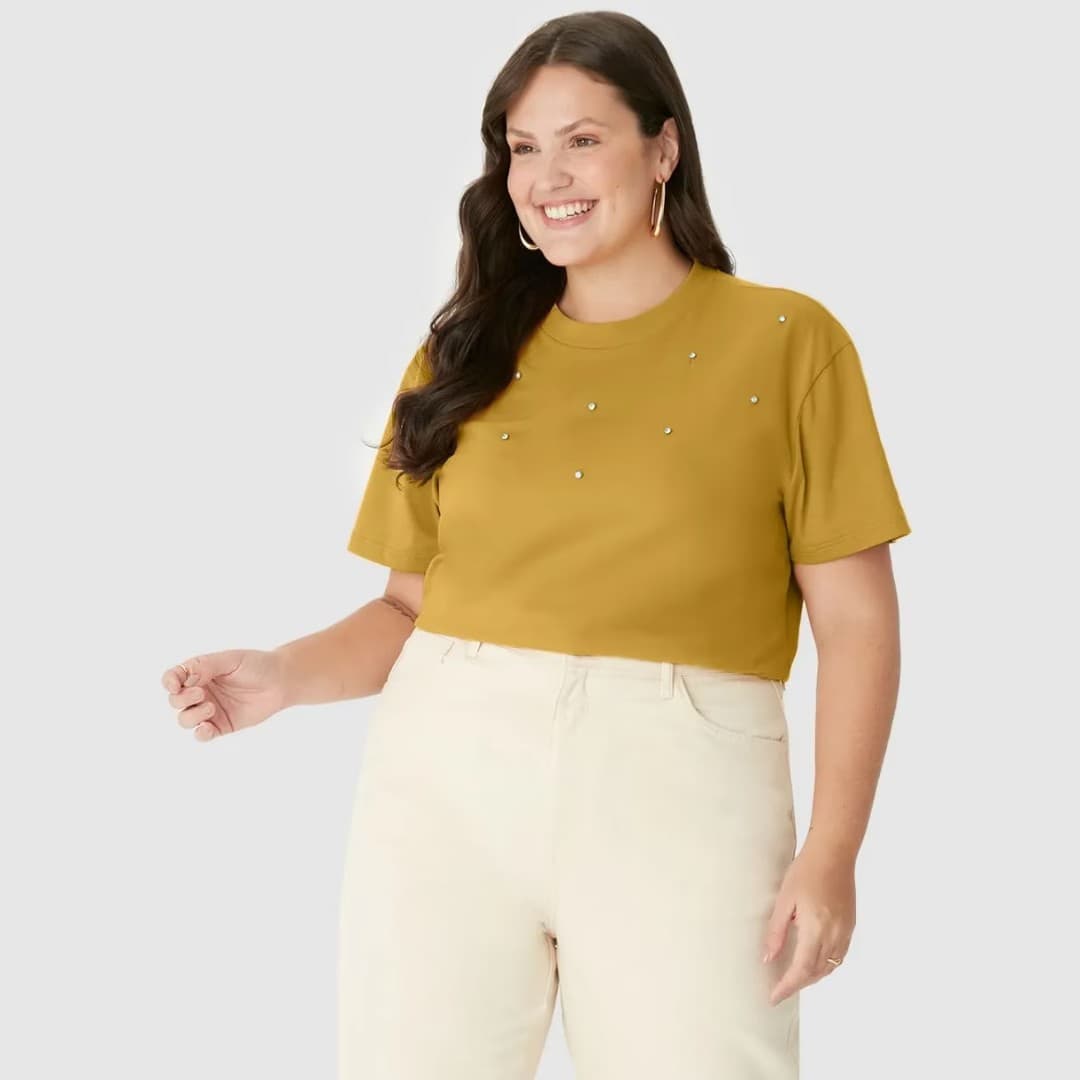 Blusa Feminina Plus Size Manga Curta Ref 131775 Mostarda MOSTARDA