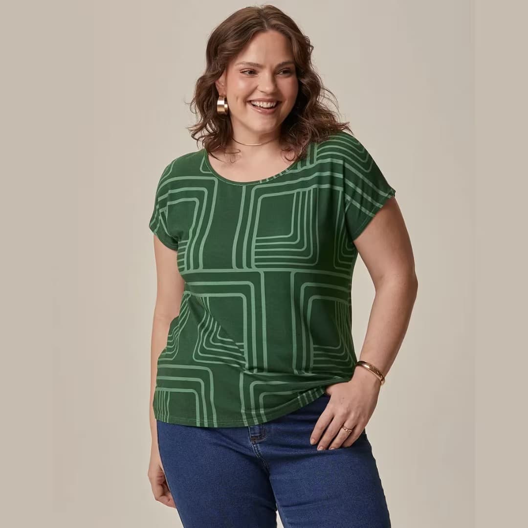 Blusa Feminina Plus Size Manga Curta Ref 132901 Estampa Verde ESTAMPA VERDE