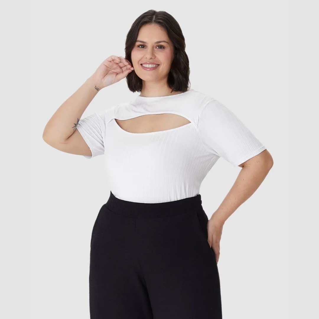Blusa Feminina Plus Size Manga Curta Ref 132903 Verde BRANCO