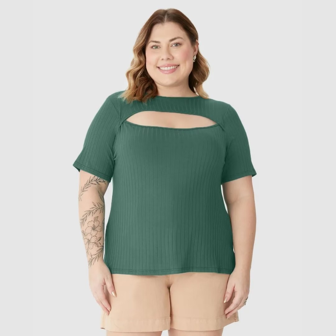 Blusa Feminina Plus Size Manga Curta Ref 132903 Verde VERDE