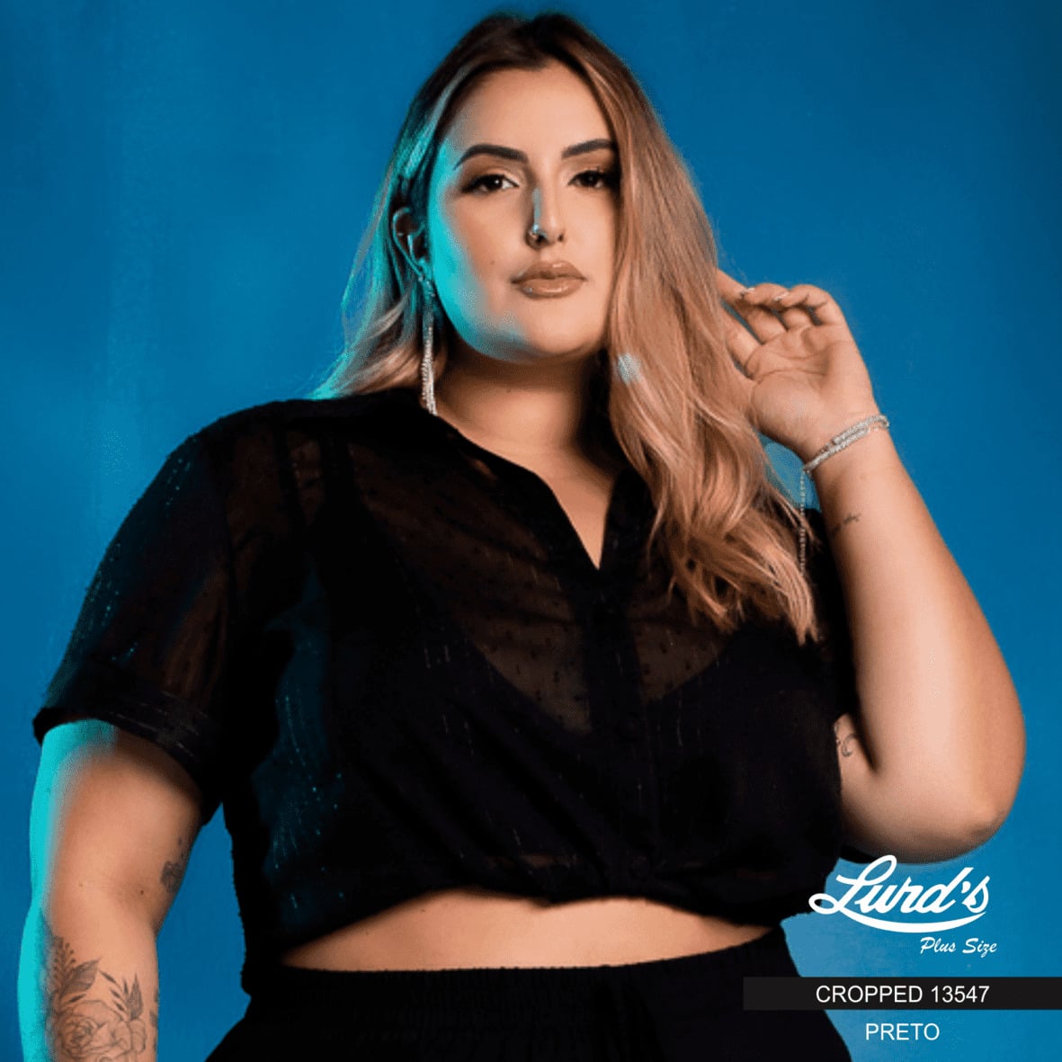 CROPPED FEMININO PLUS SIZE MANGA CURTA 13547 MANIFESTO PRETO 46 PRETO