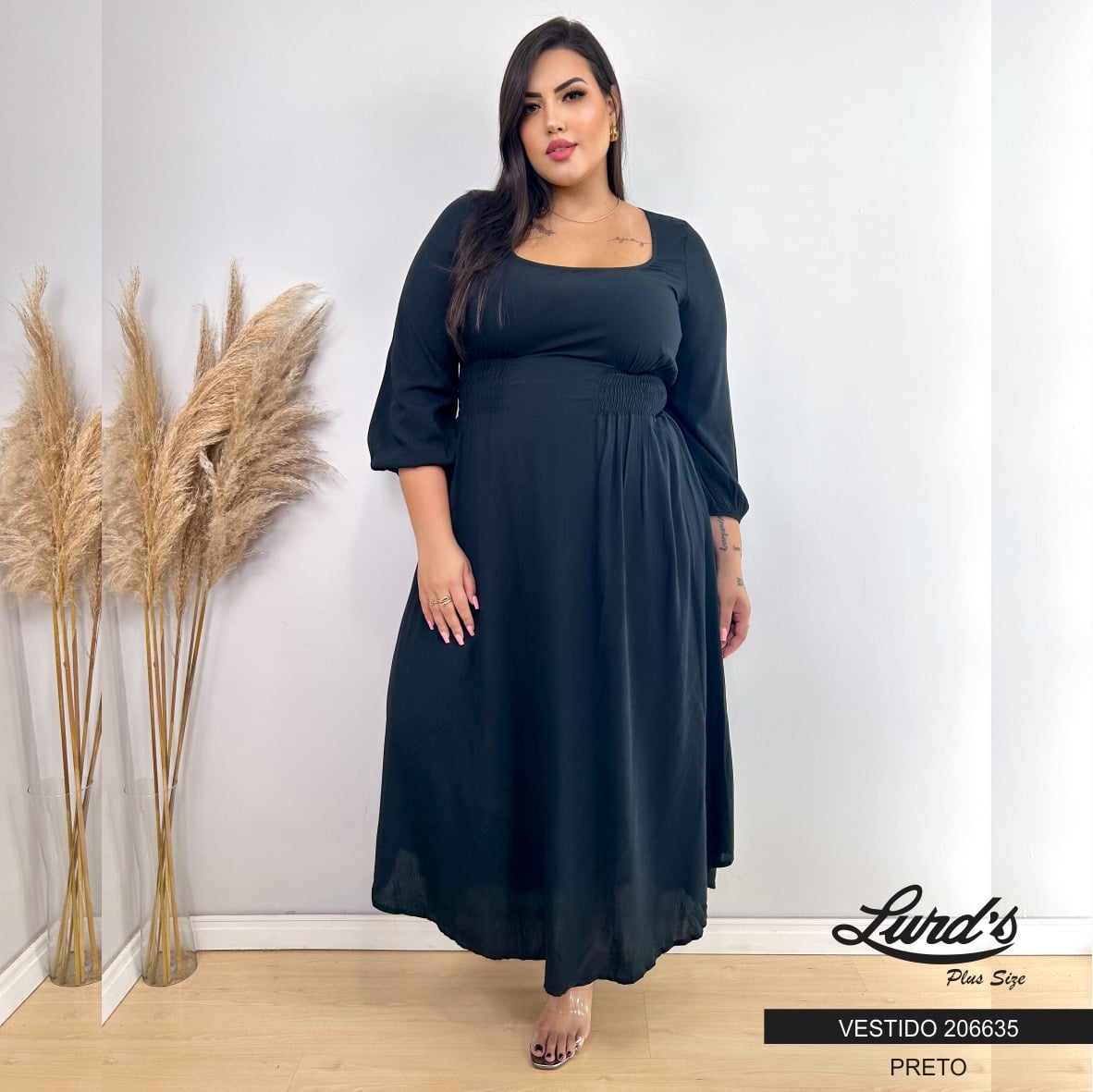Vestido Longo Plus Size Manga 3/4 Ref 206635 Preto PRETO