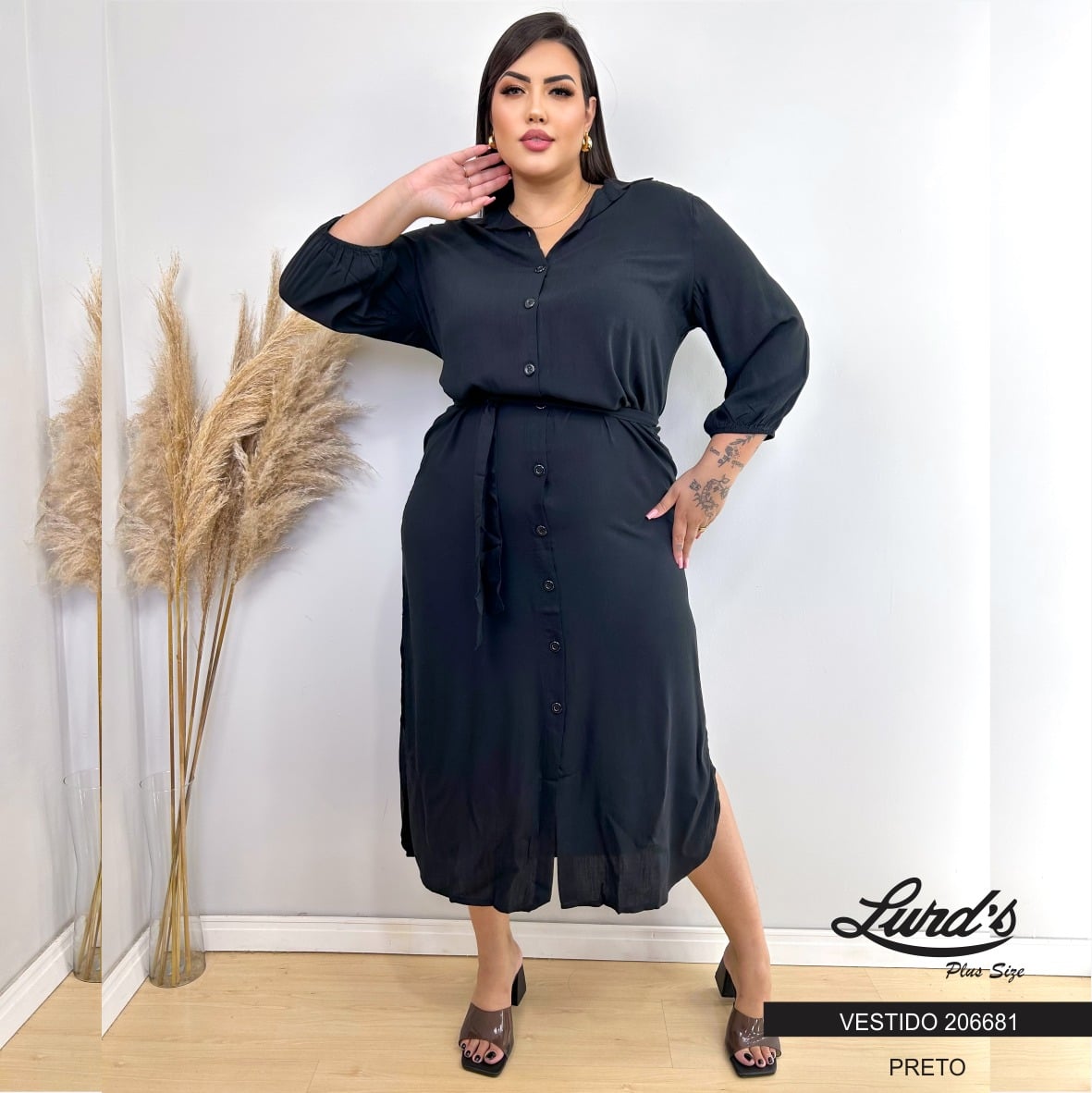 Vestido Plus Size Manga Curta Ref 206681 Preto PRETO