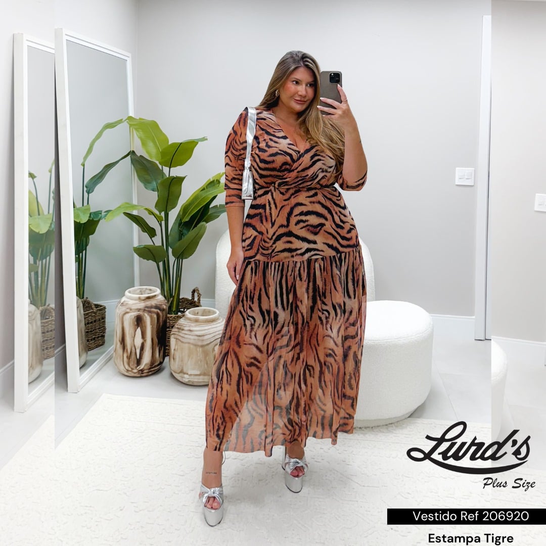 VESTIDO PLUS SIZE MID MANGA 3/4 206920 MARRIE ESTAMPA VERDE 46 ESTAMPA TIGRE