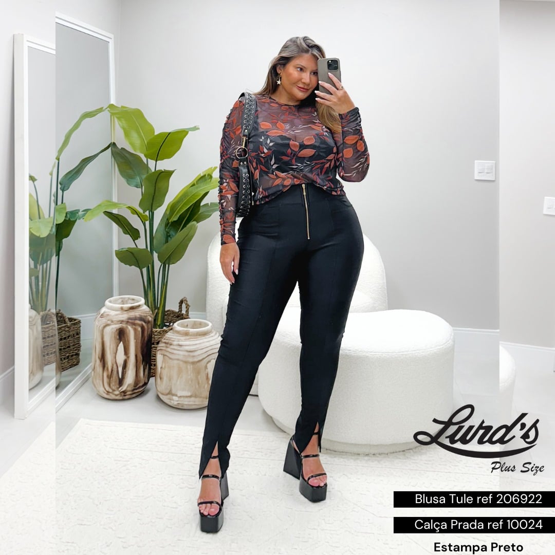 BLUSA FEMININA PLUS SIZE MANGA LONGA 206922 MARRIE ESTAMPA ONÇA 46 ESTAMPA PRETO