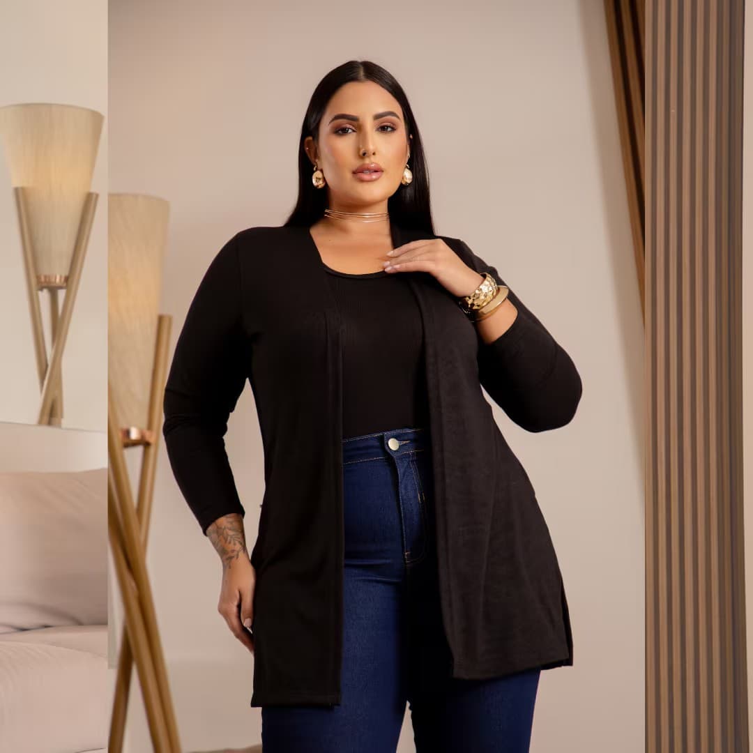 Twin Set Regata + Cardigã Plus Size Ref 206981 Marrom PRETO